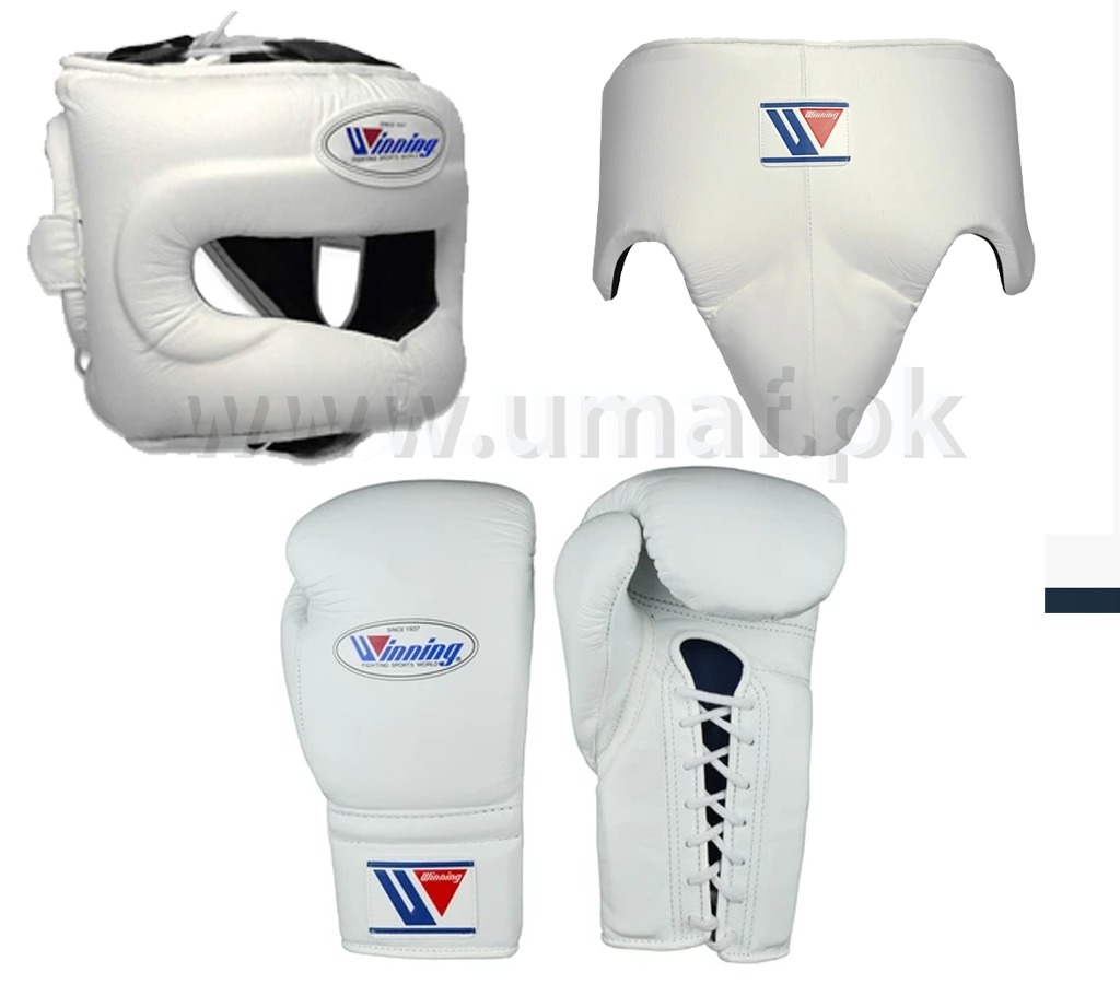 Head Gear Open Face White Boxing Gloves Groin Guard, Custom Made WINNING 