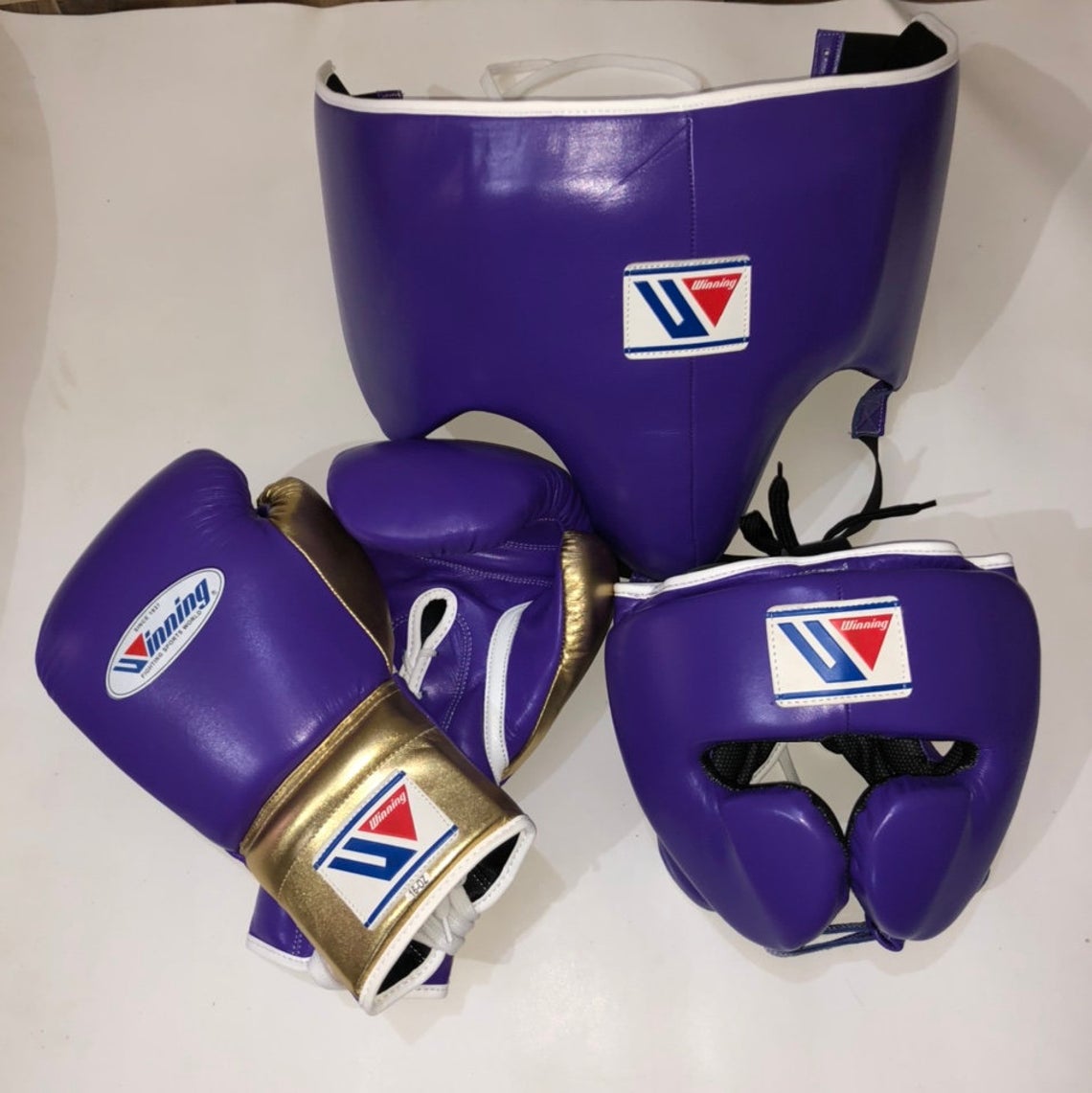 Head Gear Full Face Purple WINNING Boxing Gloves Custom Made Groin Guard 
